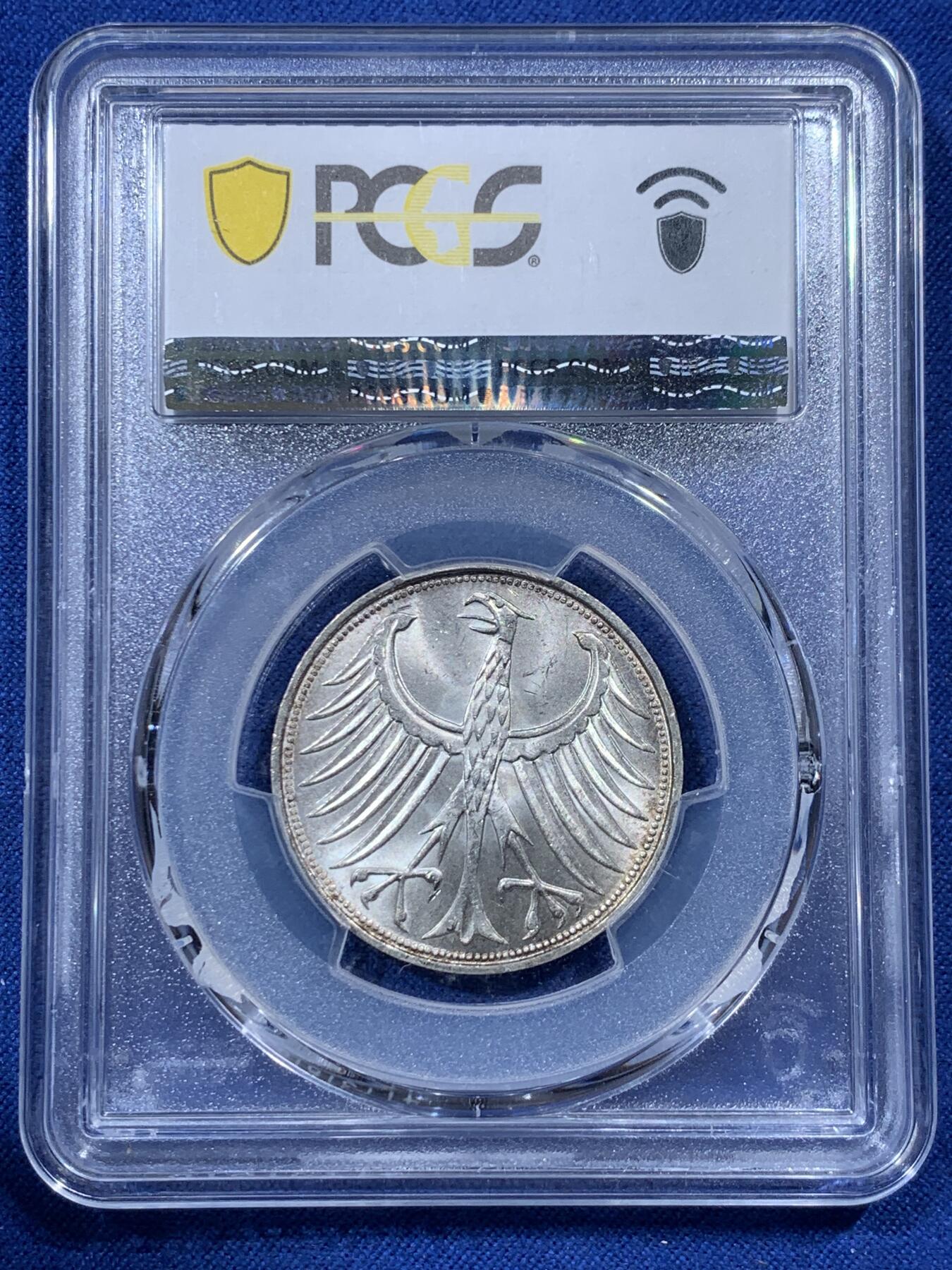 《竞宝斋》第400场 周日，周一，周二，3场连拍 （全场包邮） PCGS MS66 德国1965年5马克，经典德国瘦鹰，高分少见