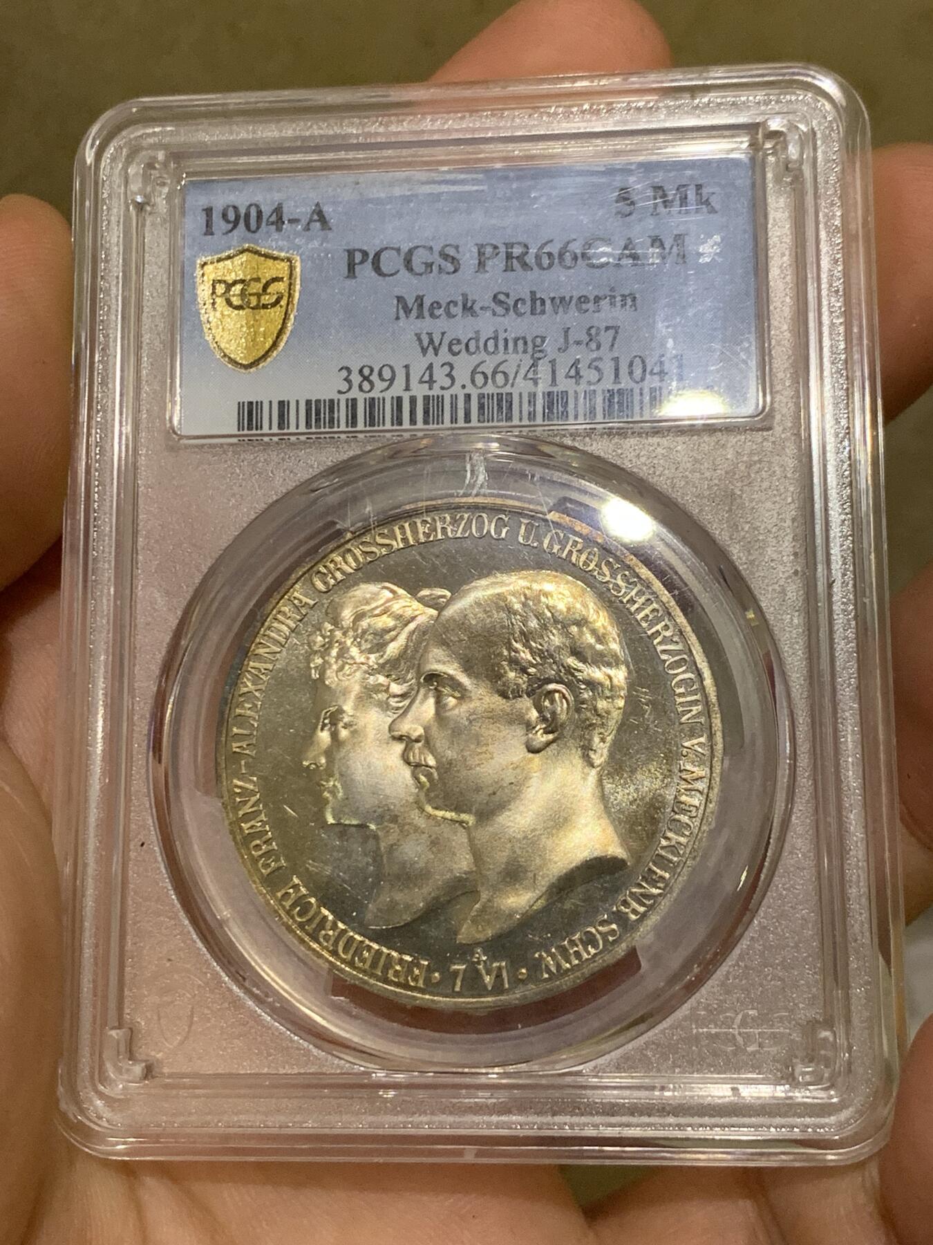 《竞宝斋》第400场 周日，周一，周二，3场连拍 （全场包邮） PCGS PR66CAM 1904年德国弗里德里希·弗朗兹四世婚庆5马克精制银币，铸币量2500枚，季军分。