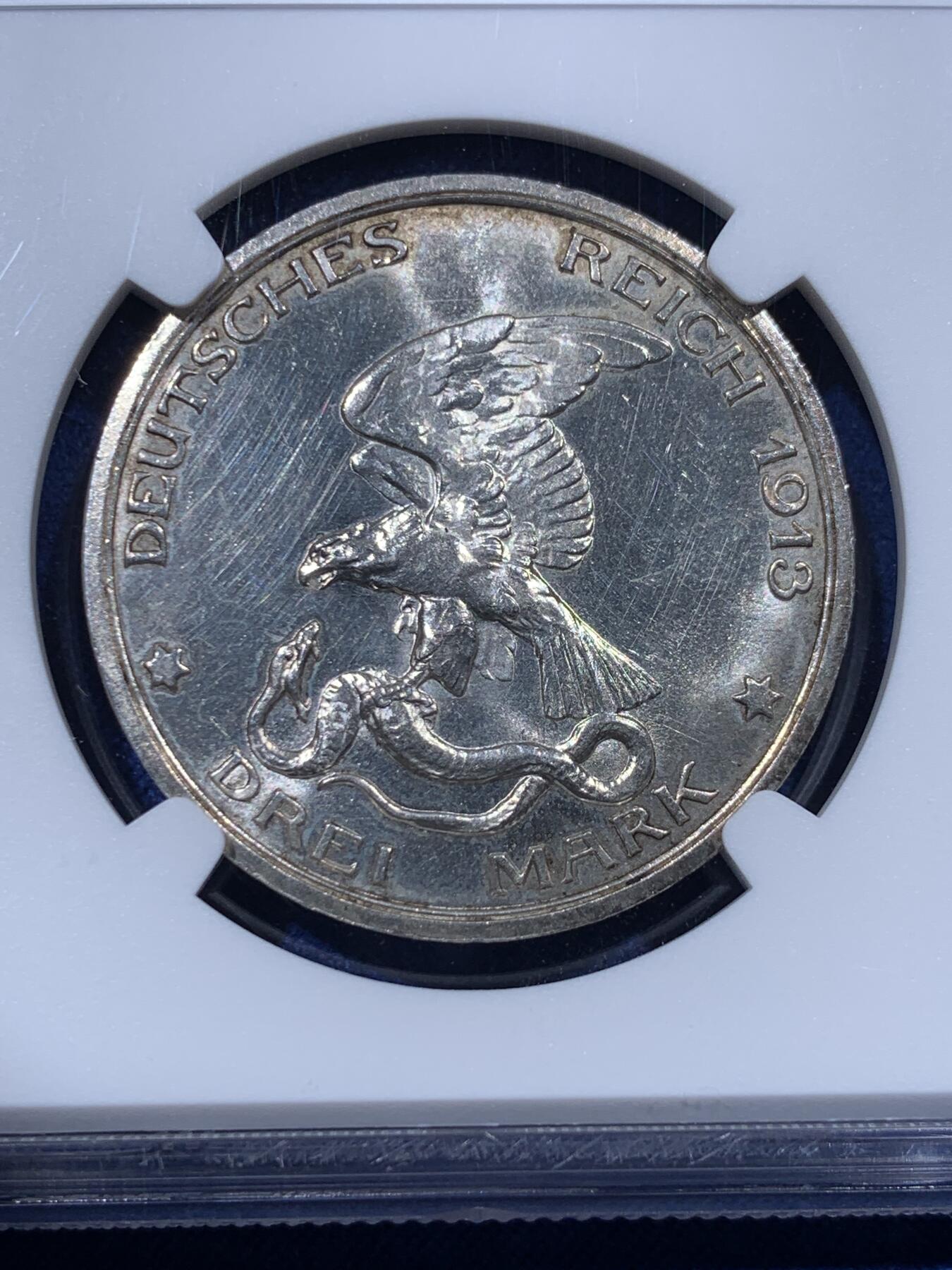 《竞宝斋》第400场 周日，周一，周二，3场连拍 （全场包邮） NGC MS61 德国普鲁士1913A战胜拿破仑3马克银币