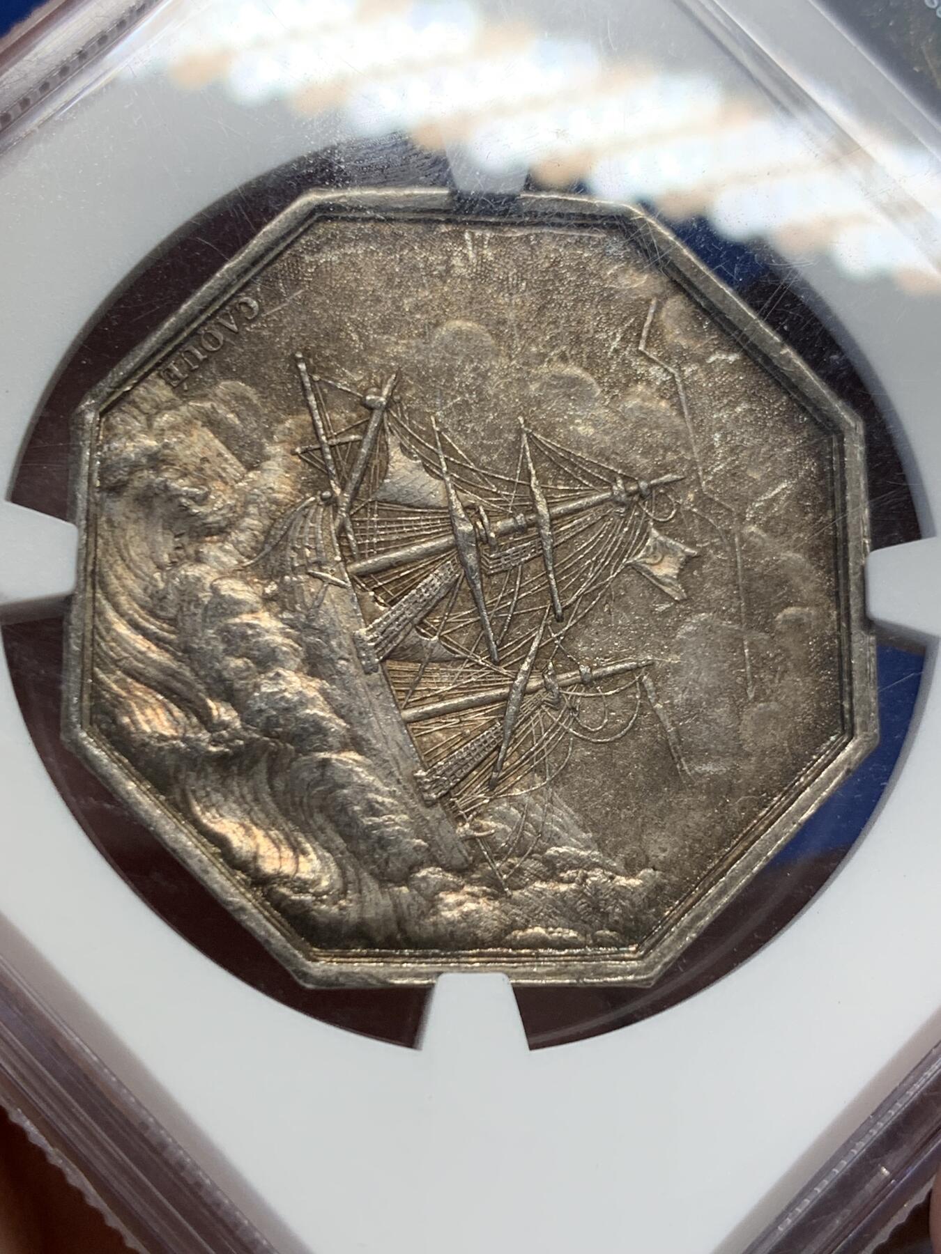 《竞宝斋》第400场 周日，周一，周二，3场连拍 （全场包邮） NGC AU58 法国海妖美人鱼八角银章代用币 名誉品 法国八角目录封面作品