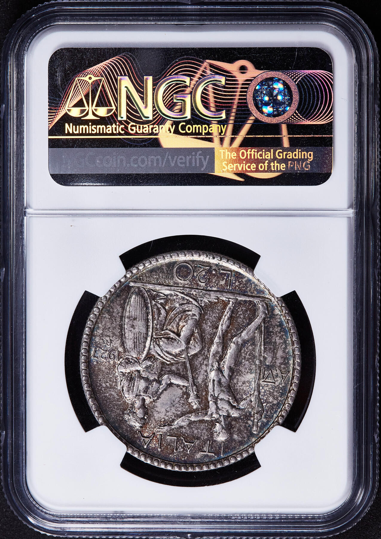 意大利王国1927年R版伊曼纽尔三世20里拉银币，NGC MS63，双面五彩包浆