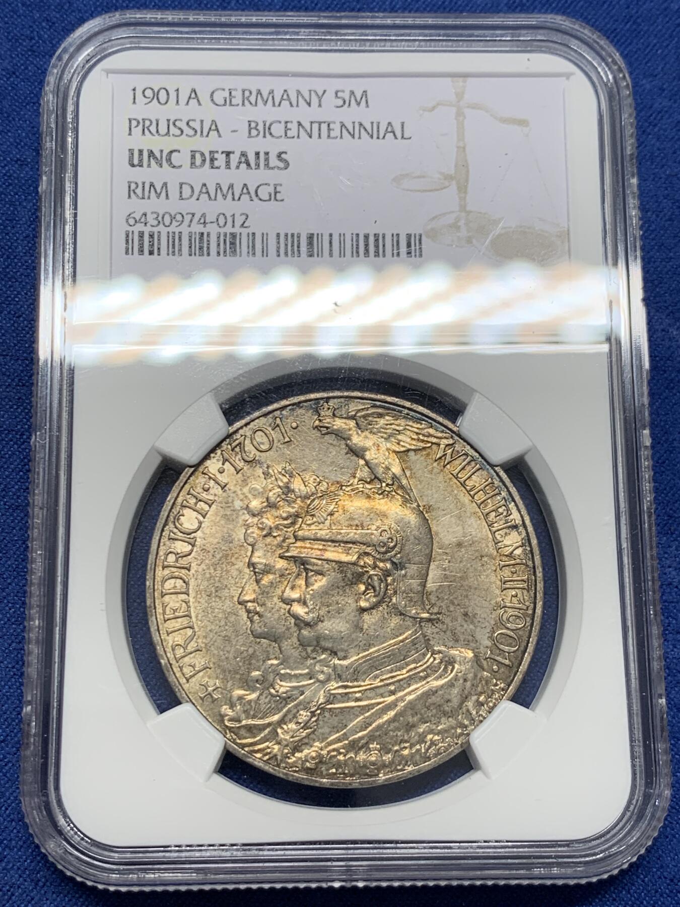《竞宝斋》第400场 周日，周一，周二，3场连拍 （全场包邮） NGC UNC 德国普鲁士1901年建国200周年5马克 银币