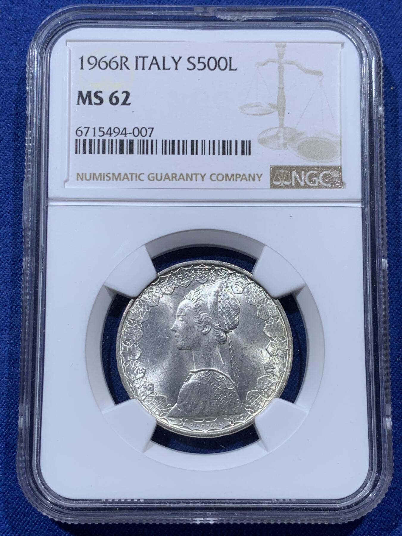 《竞宝斋》第400场 周日，周一，周二，3场连拍 （全场包邮） NGC MS62 意大利1966年帆船少女500里拉银币