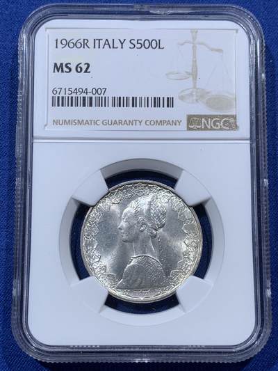 《竞宝斋》第400场 周日，周一，周二，3场连拍 （全场包邮） - NGC MS62 意大利1966年帆船少女500里拉银币
