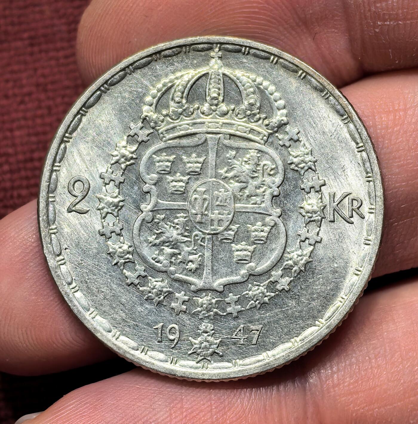 南宋泉阁俄币 外币 国币 专场第十四期【送拍无额外佣金】 瑞典 1947年 古斯塔夫五世2克朗银币 14g 400银 双面转光 背面有划丝 通货好品