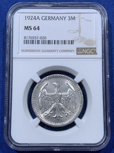 《竞宝斋》第400场 周日，周一，周二，3场连拍 （全场包邮） - NGC MS64 德国1924年3马克，少见魏玛德国时期主币，单独年份，分数合格入藏