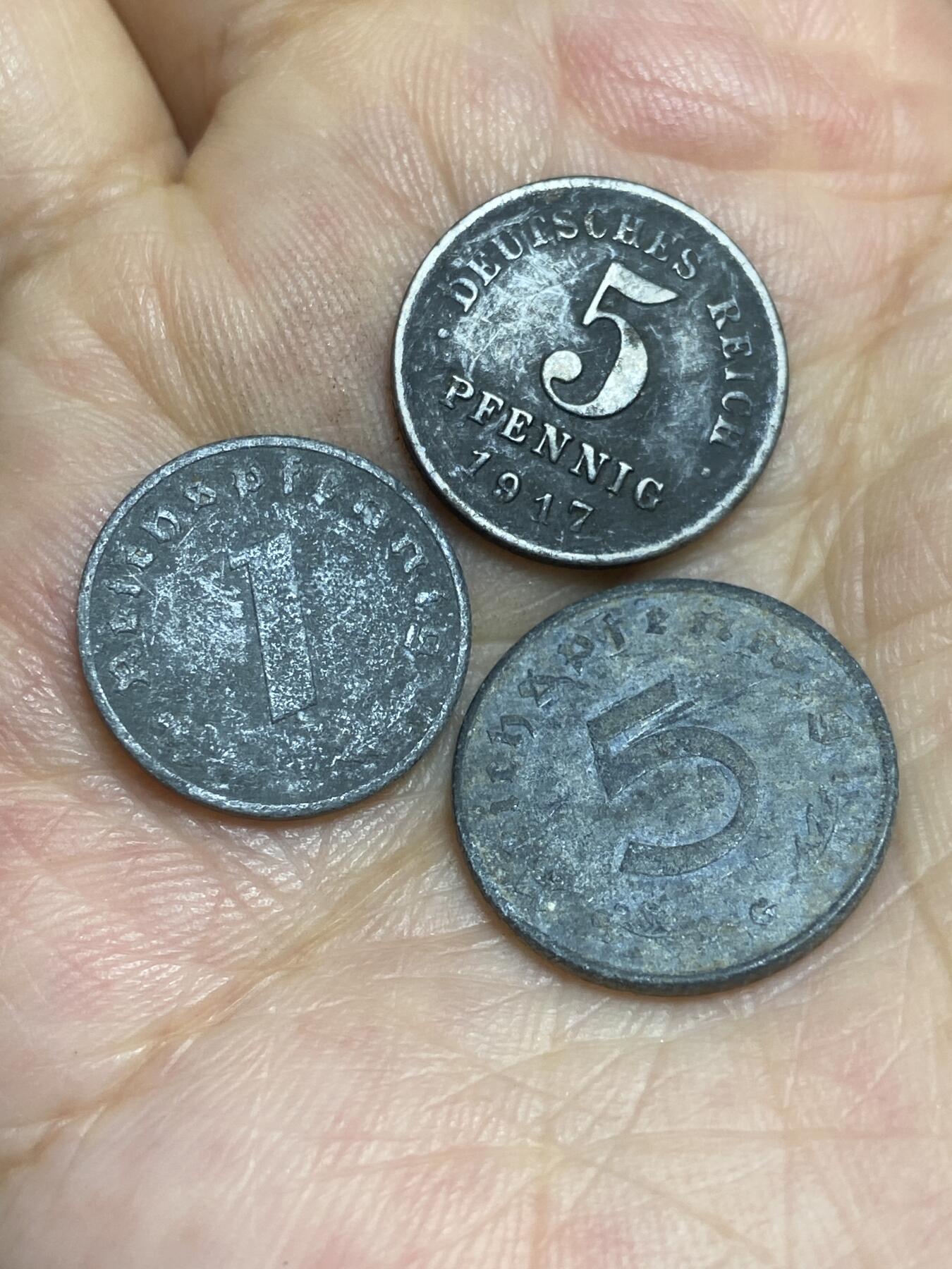 2025年第六十五场(总第九十一场）外国好品散币(免佣金) 德国3枚:德意志帝国1917年5芬妮铁币，第三帝国1芬妮，5芬妮