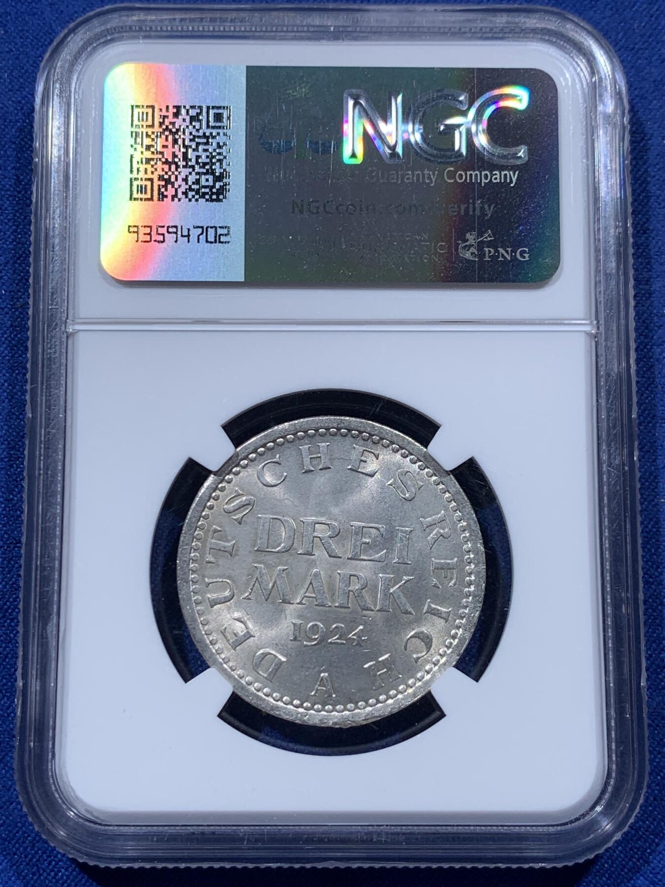 《竞宝斋》第400场 周日，周一，周二，3场连拍 （全场包邮） NGC MS64 德国1924年3马克，少见魏玛德国时期主币，单独年份，分数合格入藏