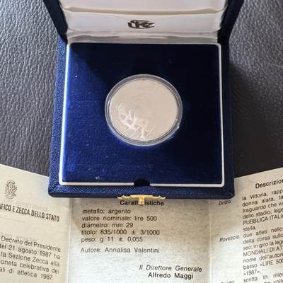 道一币馆币章第一百三十七场 - 原盒证 意大利1987年罗马世界田径锦标赛500里拉精制银币 111g 835S 21150