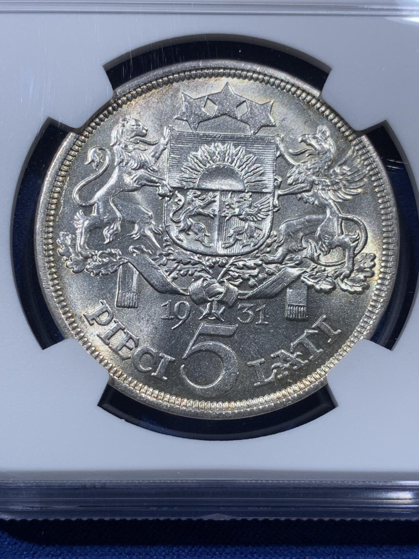 《竞宝斋》第400场 周日，周一，周二，3场连拍 （全场包邮） NGC MS63 拉脱维亚1931年5拉特，金彩丝绸光，任何人都不会怀疑的出厂状态，永久收藏的品相