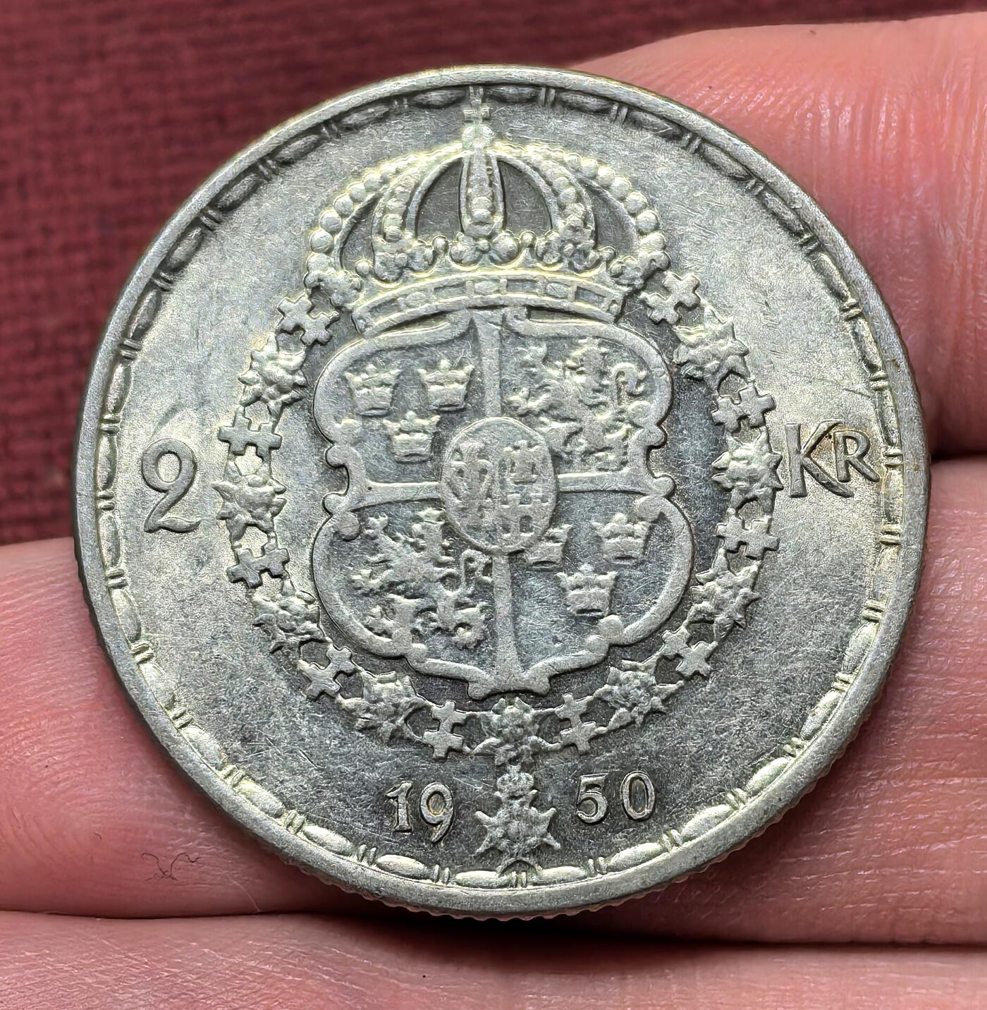 南宋泉阁俄币 外币 国币 专场第十四期【送拍无额外佣金】 瑞典 1950年 古斯塔夫五世2克朗银币 14g 400银 极品双面转光 银霜感强