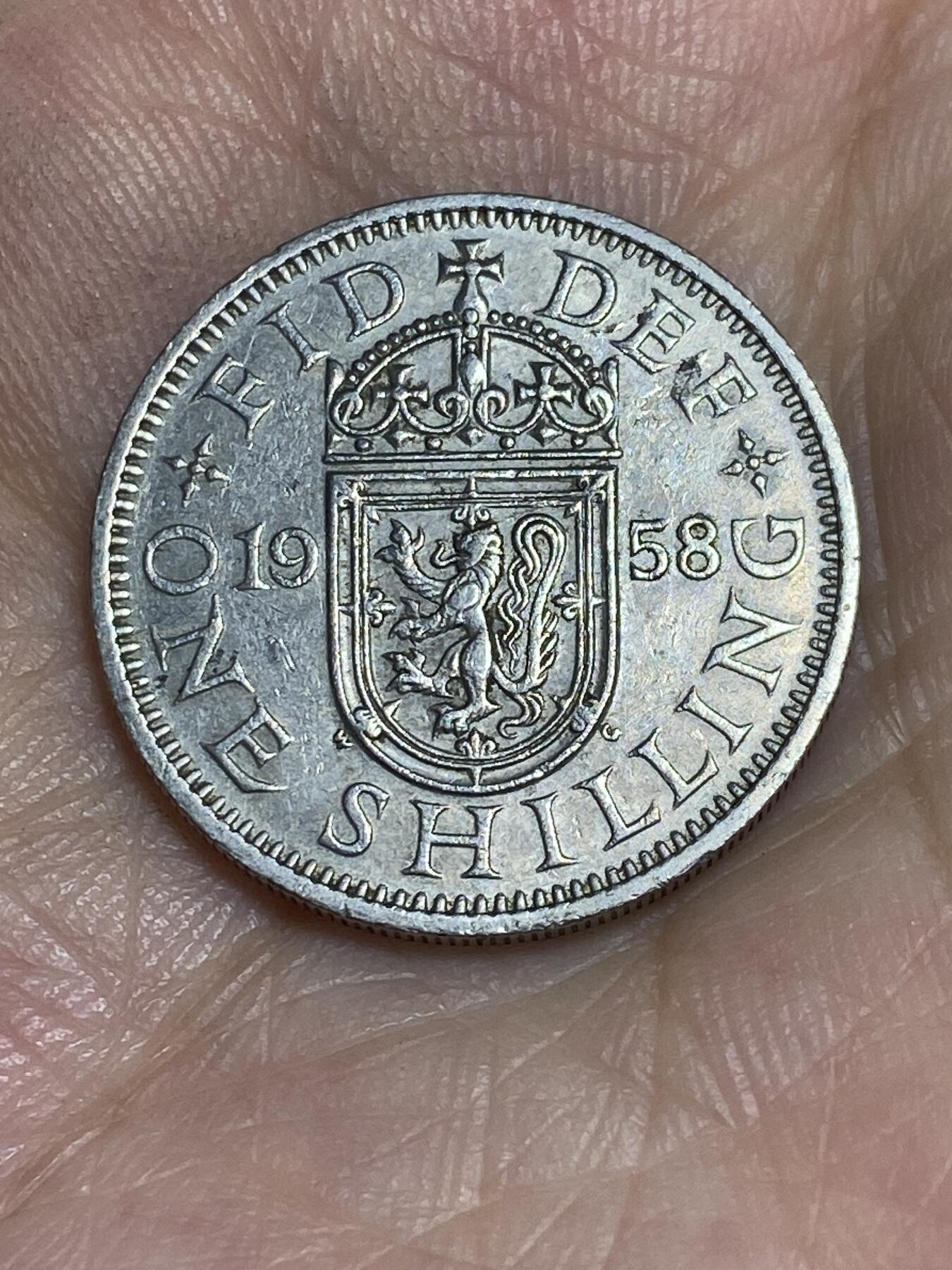 2025年第六十五场(总第九十一场）外国好品散币(免佣金) 英国🇬🇧1958年1先令(伊丽莎白二世青年桂冠，苏格兰盾徽版)