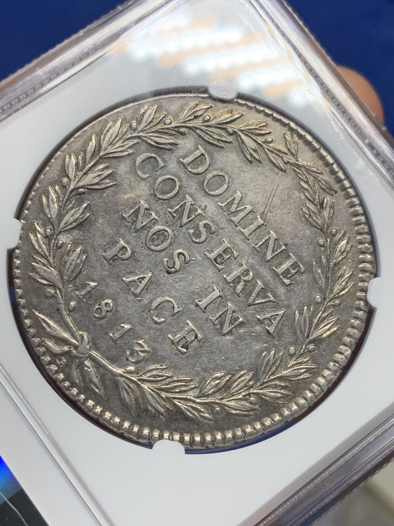《竞宝斋》第400场 周日，周一，周二，3场连拍 （全场包邮） NGC UNC 瑞士苏黎世1813年40巴增大银币 细节见图