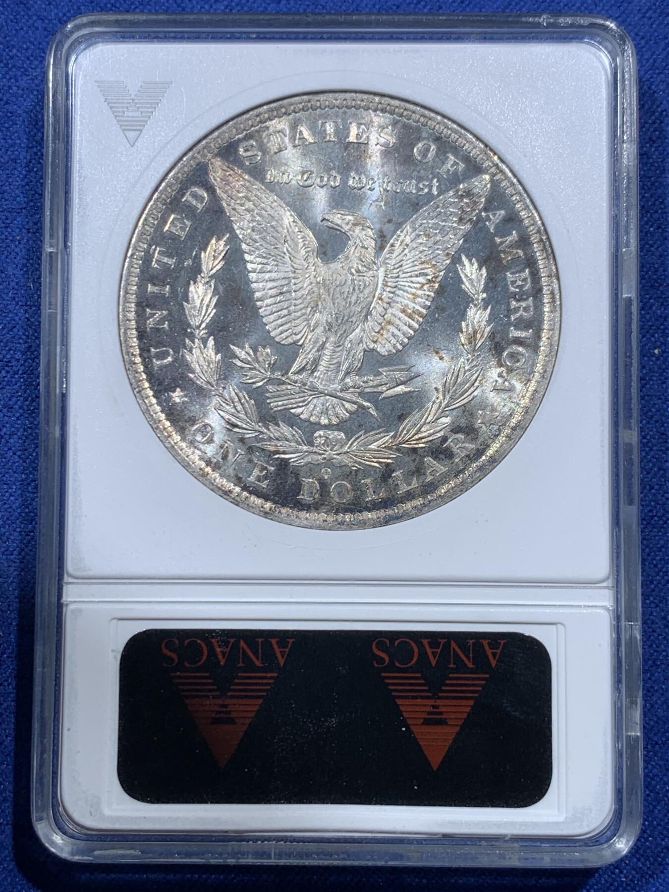 《竞宝斋》第400场 周日，周一，周二，3场连拍 （全场包邮） ANACS MS63PL 美国1883年O版摩根银元，超级好看的镜面状态，原汁原味淡彩老包浆，状态极佳，ANACS绝版经典小白盒。