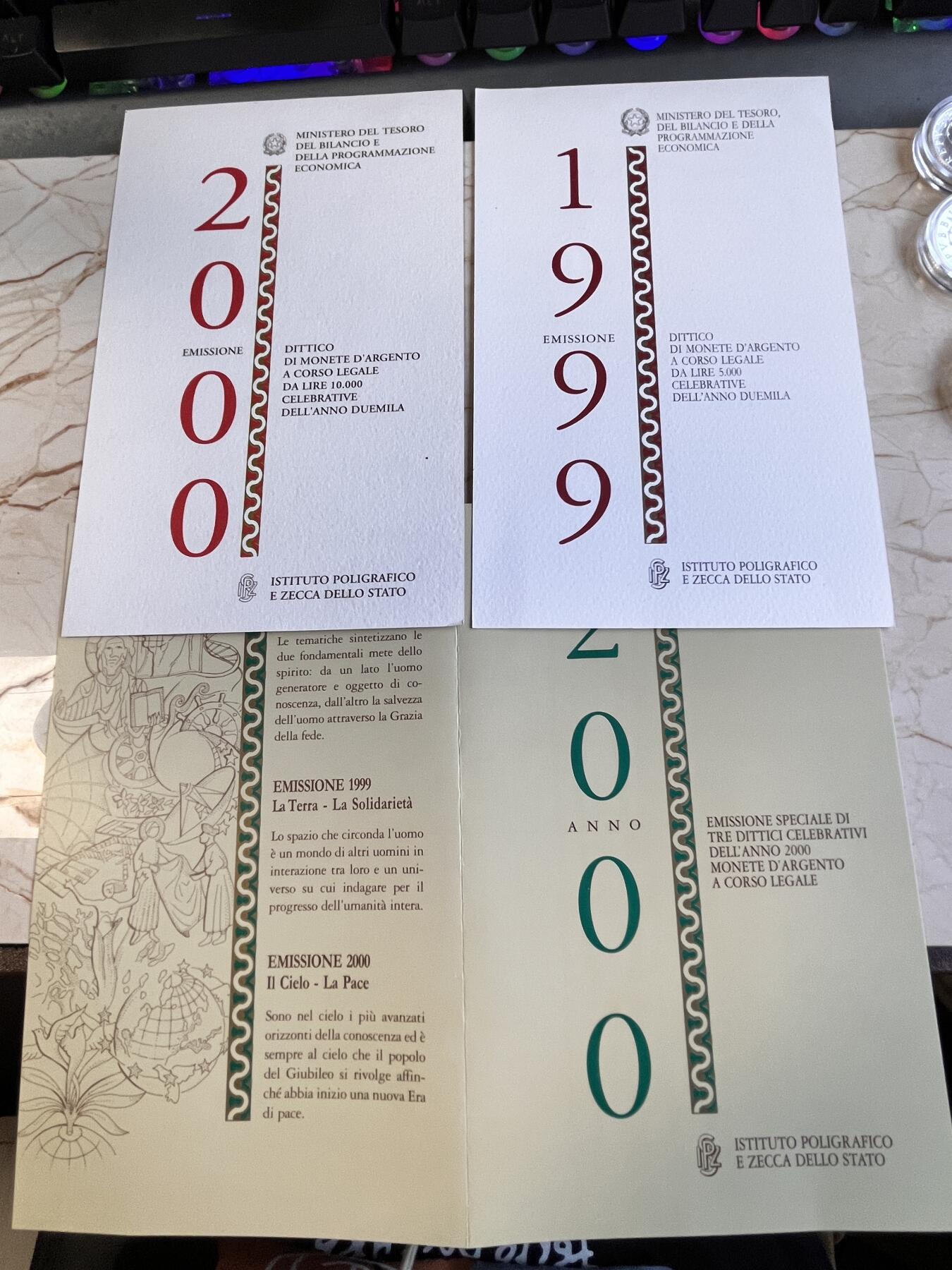 第166期拍卖【长期征集拍品】 获奖意大利1998-2000年迈向新世纪精制银币6枚全套，1999年5000里拉的那枚获得克劳斯最佳艺术币和年度最佳硬币两项大奖！835银，16克*6