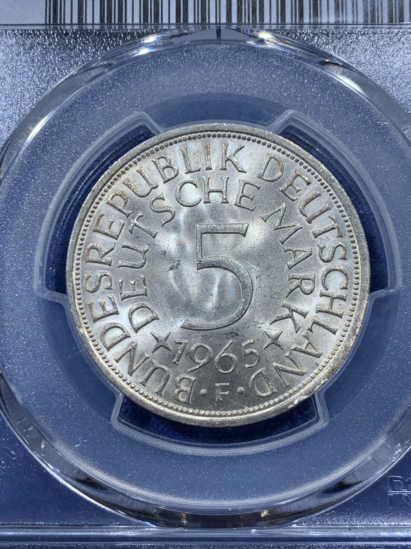 《竞宝斋》第400场 周日，周一，周二，3场连拍 （全场包邮） PCGS MS66 德国1965年5马克，经典德国瘦鹰，高分少见