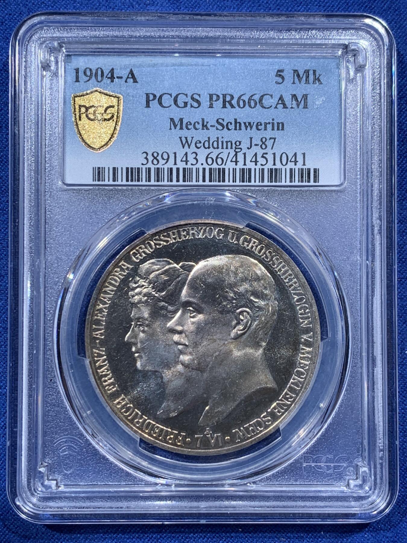 《竞宝斋》第400场 周日，周一，周二，3场连拍 （全场包邮） PCGS PR66CAM 1904年德国弗里德里希·弗朗兹四世婚庆5马克精制银币，铸币量2500枚，季军分。
