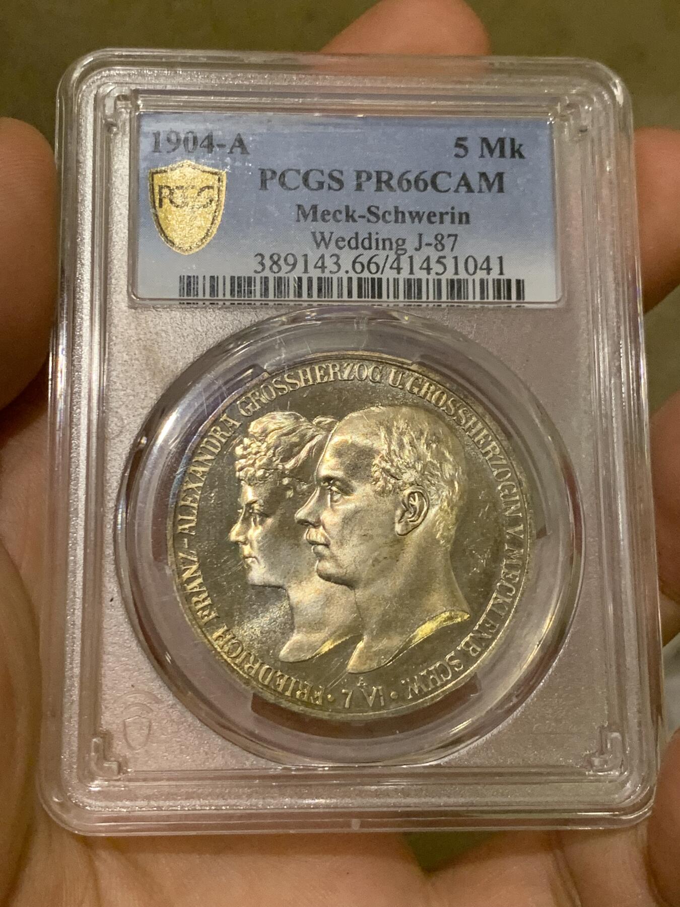 《竞宝斋》第400场 周日，周一，周二，3场连拍 （全场包邮） PCGS PR66CAM 1904年德国弗里德里希·弗朗兹四世婚庆5马克精制银币，铸币量2500枚，季军分。