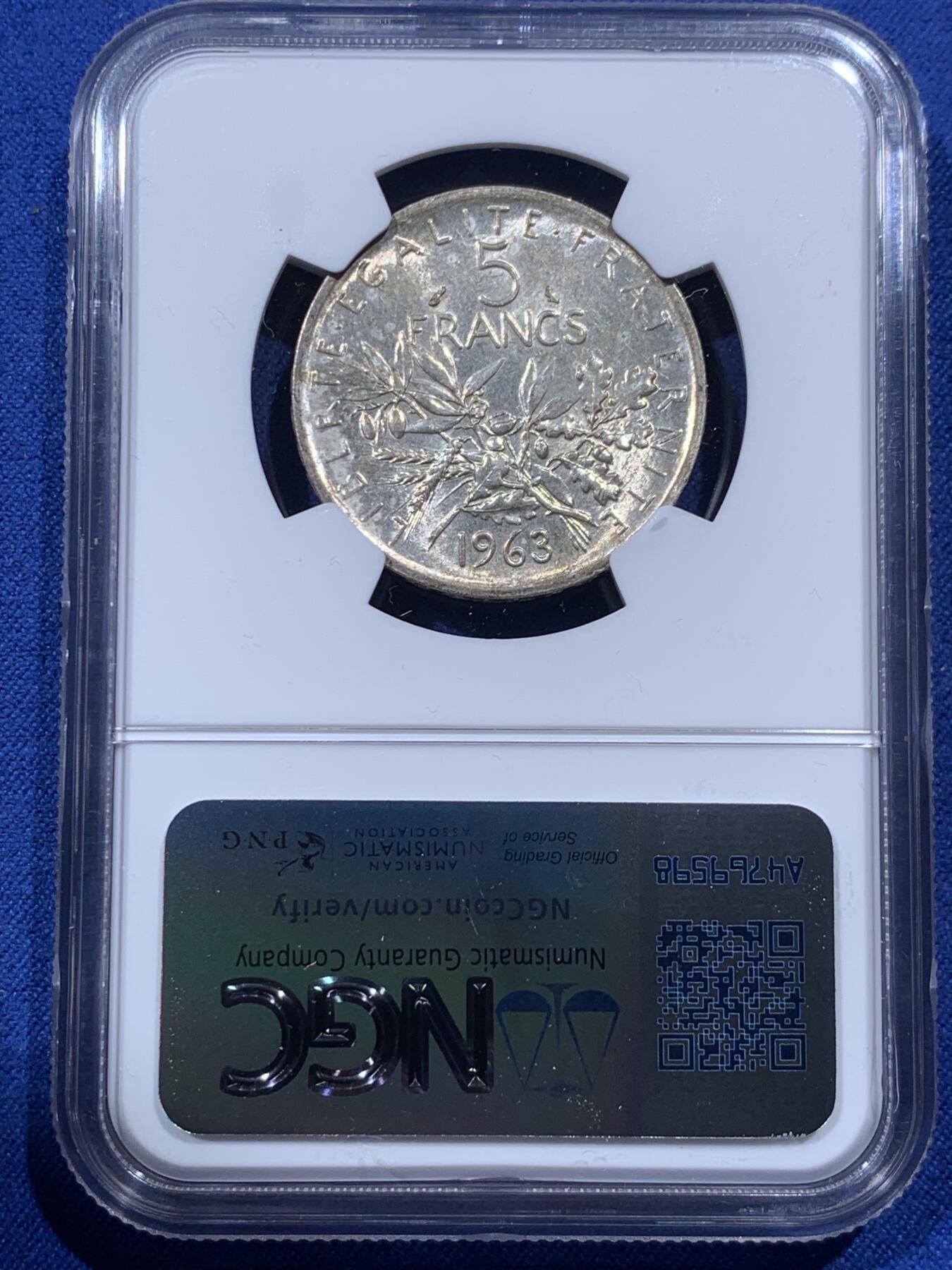 《竞宝斋》第400场 周日，周一，周二，3场连拍 （全场包邮） 三枚一组 NGC MS61/AU50/AU 法国播种女神5法郎银币