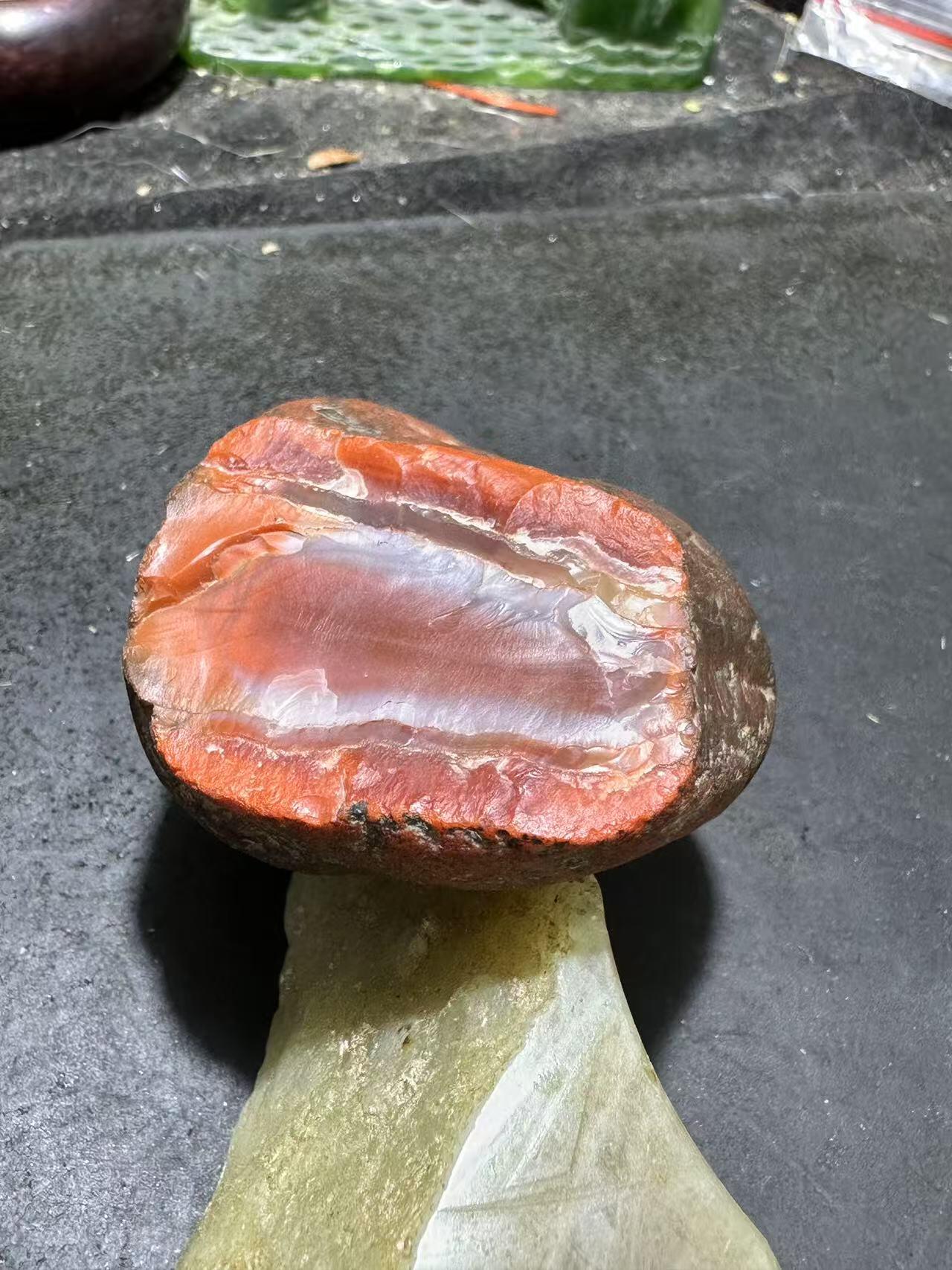 精美柿子红皮开窗料红白双色南红玛瑙原石一颗