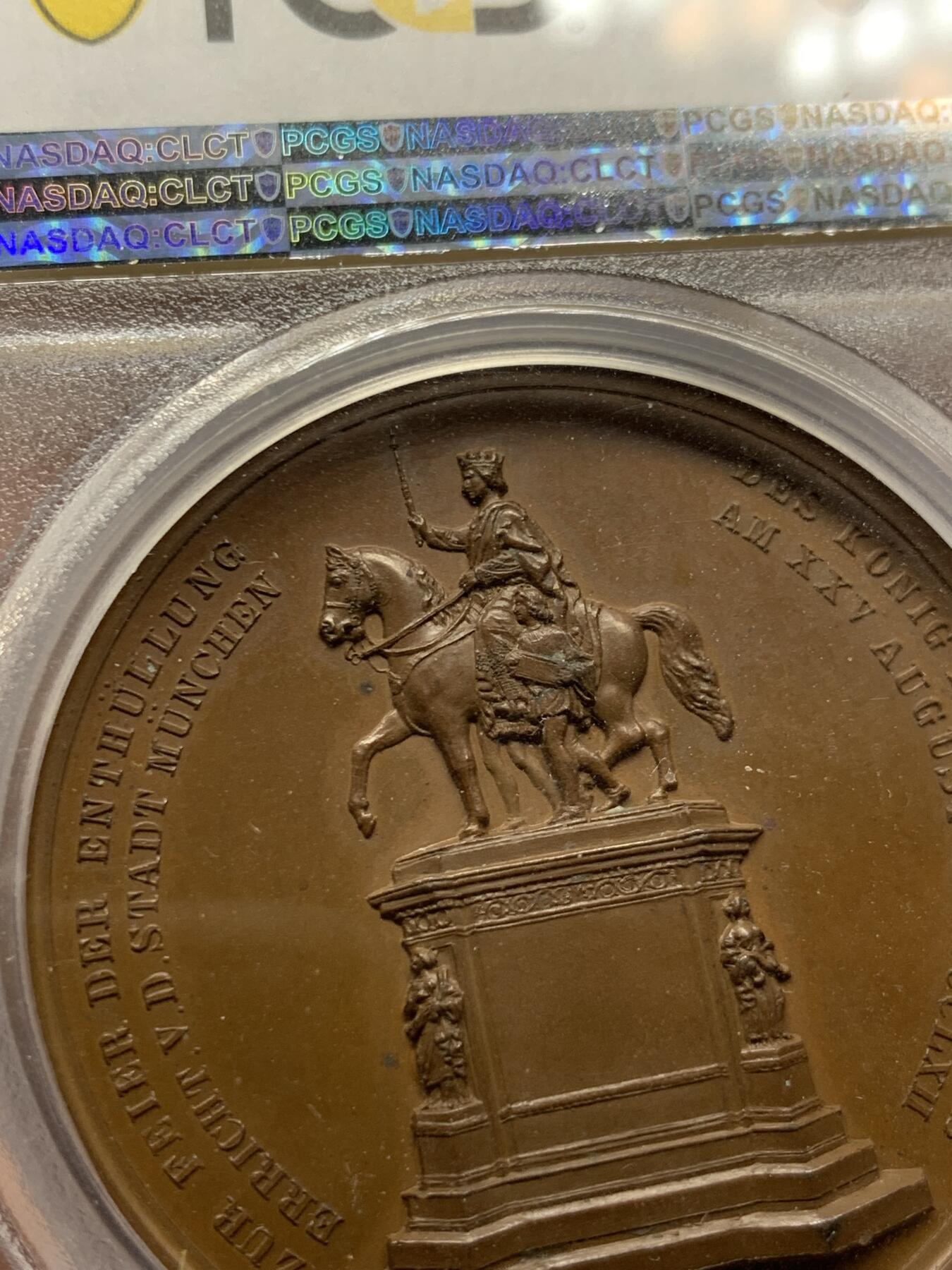 《竞宝斋》第400场 周日，周一，周二，3场连拍 （全场包邮） PCGS SP64 巴伐利亚1862路德维希一世骑马雕像落成，高浮雕加厚盒，PC唯一高分，设计美感好，状态极佳的南部之星 加厚盒