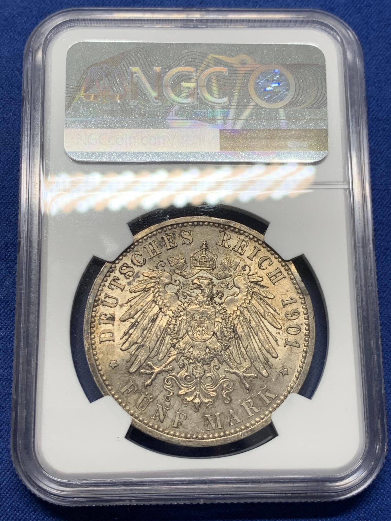 《竞宝斋》第400场 周日，周一，周二，3场连拍 （全场包邮） NGC UNC 德国普鲁士1901年建国200周年5马克 银币