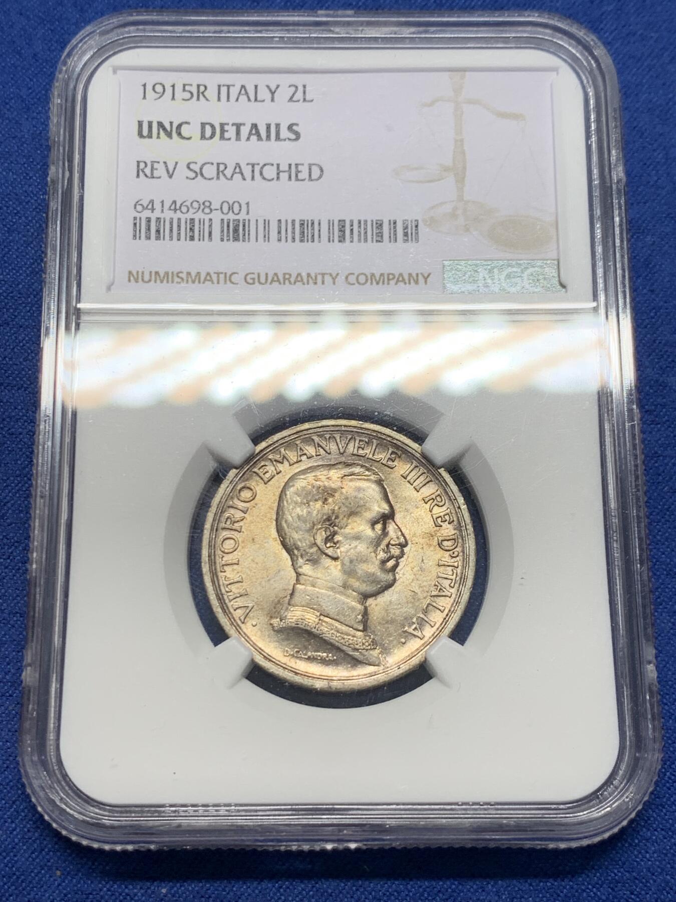 《竞宝斋》第400场 周日，周一，周二，3场连拍 （全场包邮） NGC UNCD 意大利1915年马车2里拉银币 原光包浆淡彩
