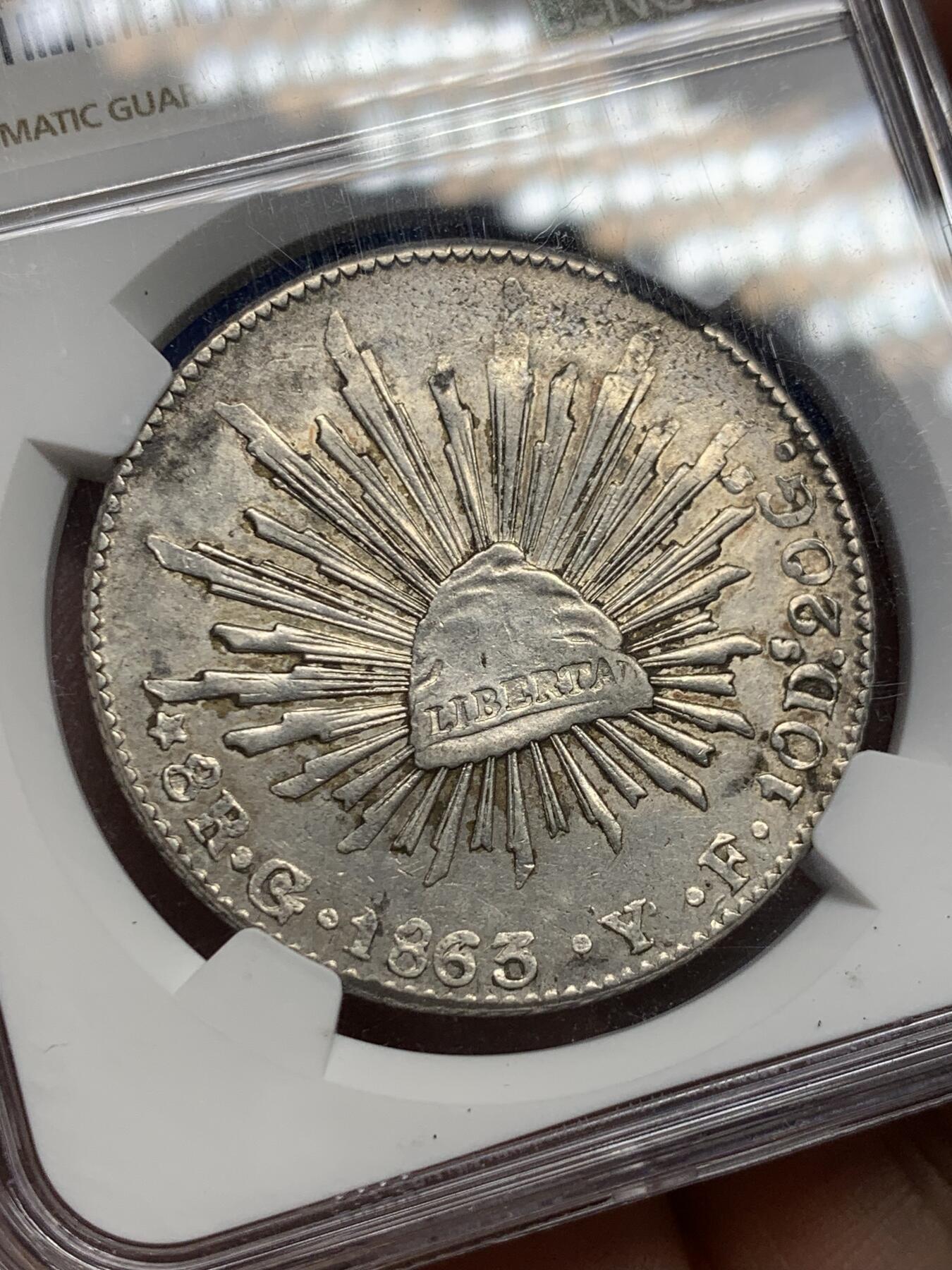 《竞宝斋》第400场 周日，周一，周二，3场连拍 （全场包邮） NGC AU58 墨西哥1863GO YF鹰洋8R银币