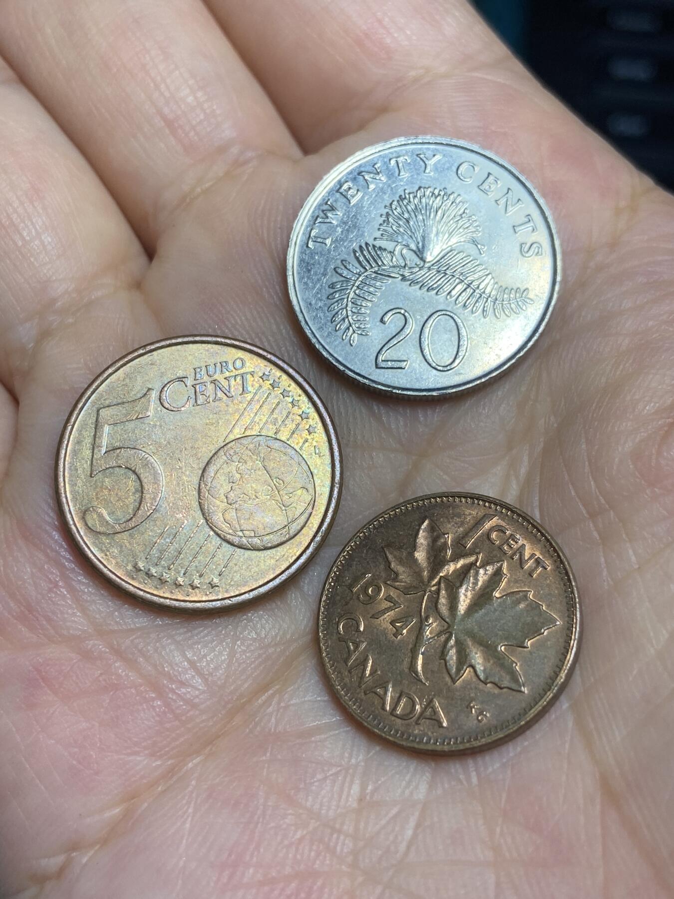 2025年第六十五场(总第九十一场）外国好品散币(免佣金) 3枚：加拿大🇨🇦1974年1分，新加坡🇸🇬1993年20分，芬兰🇫🇮2000年5欧分