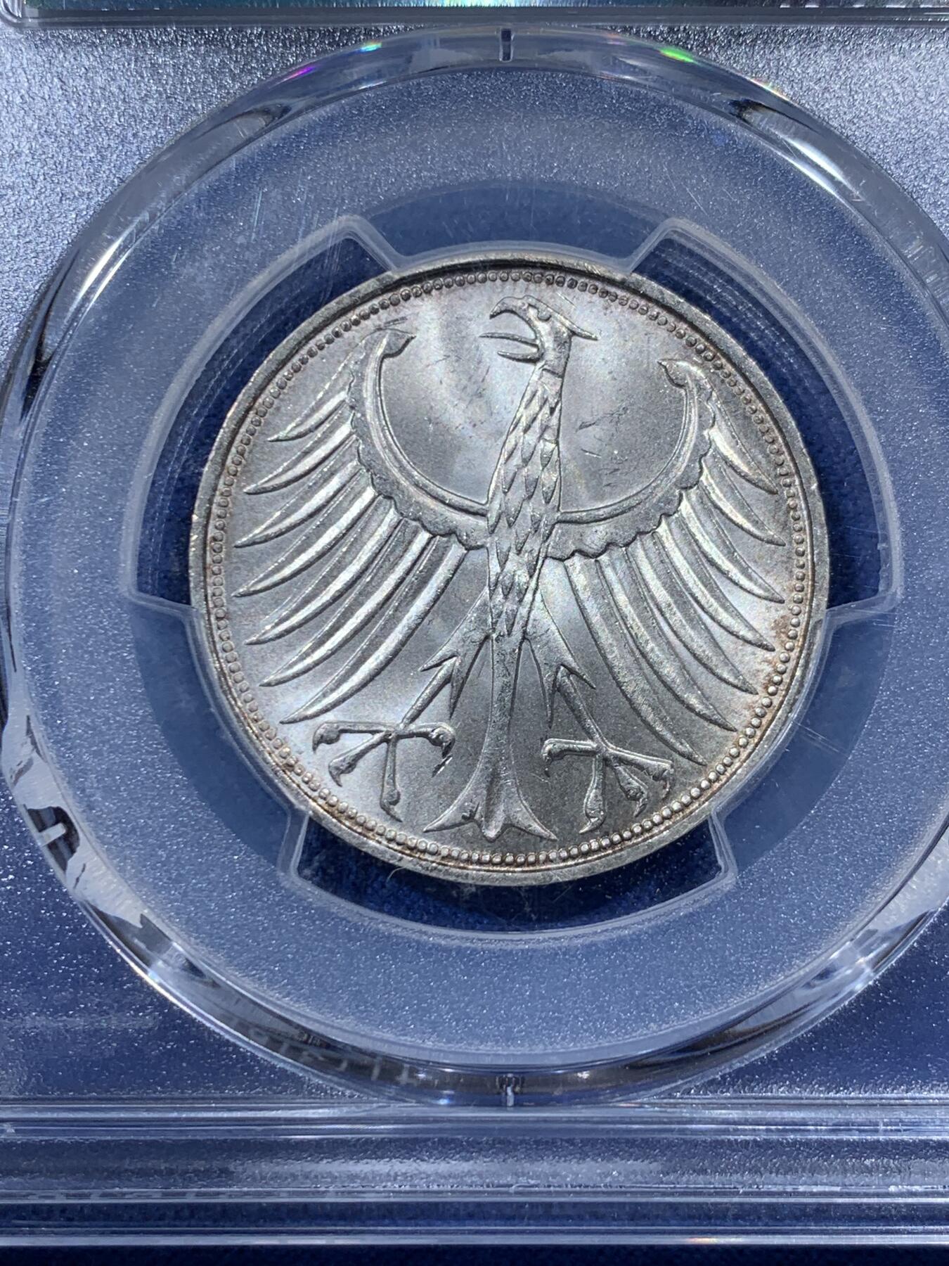 《竞宝斋》第400场 周日，周一，周二，3场连拍 （全场包邮） PCGS MS66 德国1965年5马克，经典德国瘦鹰，高分少见