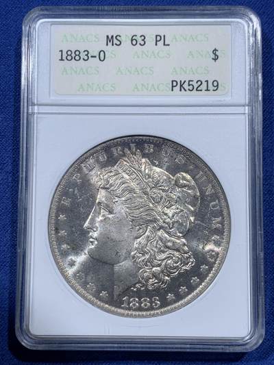 《竞宝斋》第400场 周日，周一，周二，3场连拍 （全场包邮） - ANACS MS63PL 美国1883年O版摩根银元，超级好看的镜面状态，原汁原味淡彩老包浆，状态极佳，ANACS绝版经典小白盒。