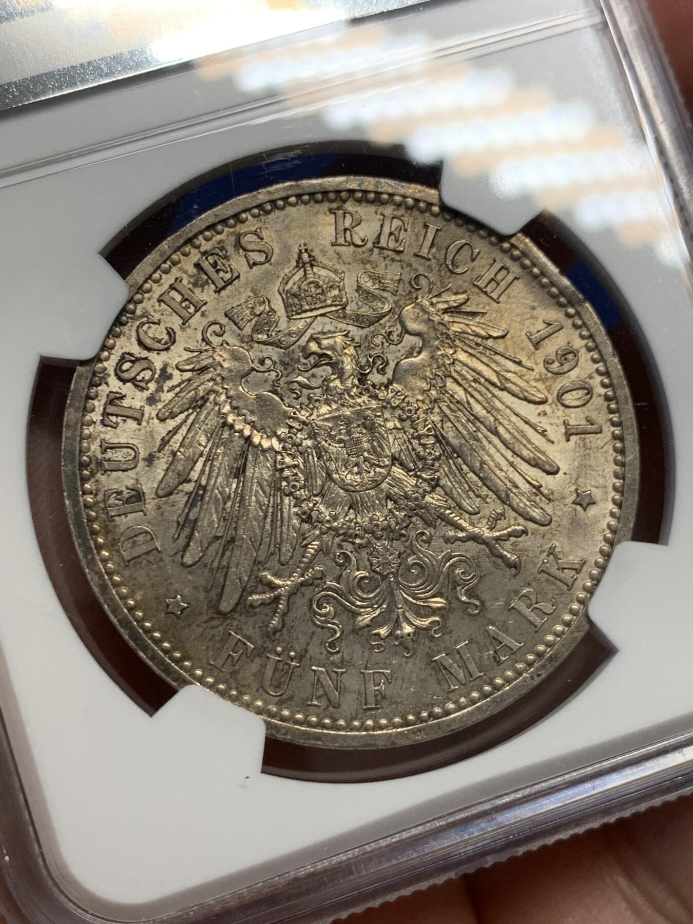 《竞宝斋》第400场 周日，周一，周二，3场连拍 （全场包邮） NGC UNC 德国普鲁士1901年建国200周年5马克 银币
