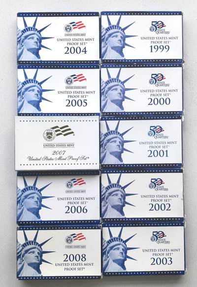 凡希社世界钱币微拍第三百零七期 - 美国1999-2008精制套币十套，原盒证书全品。