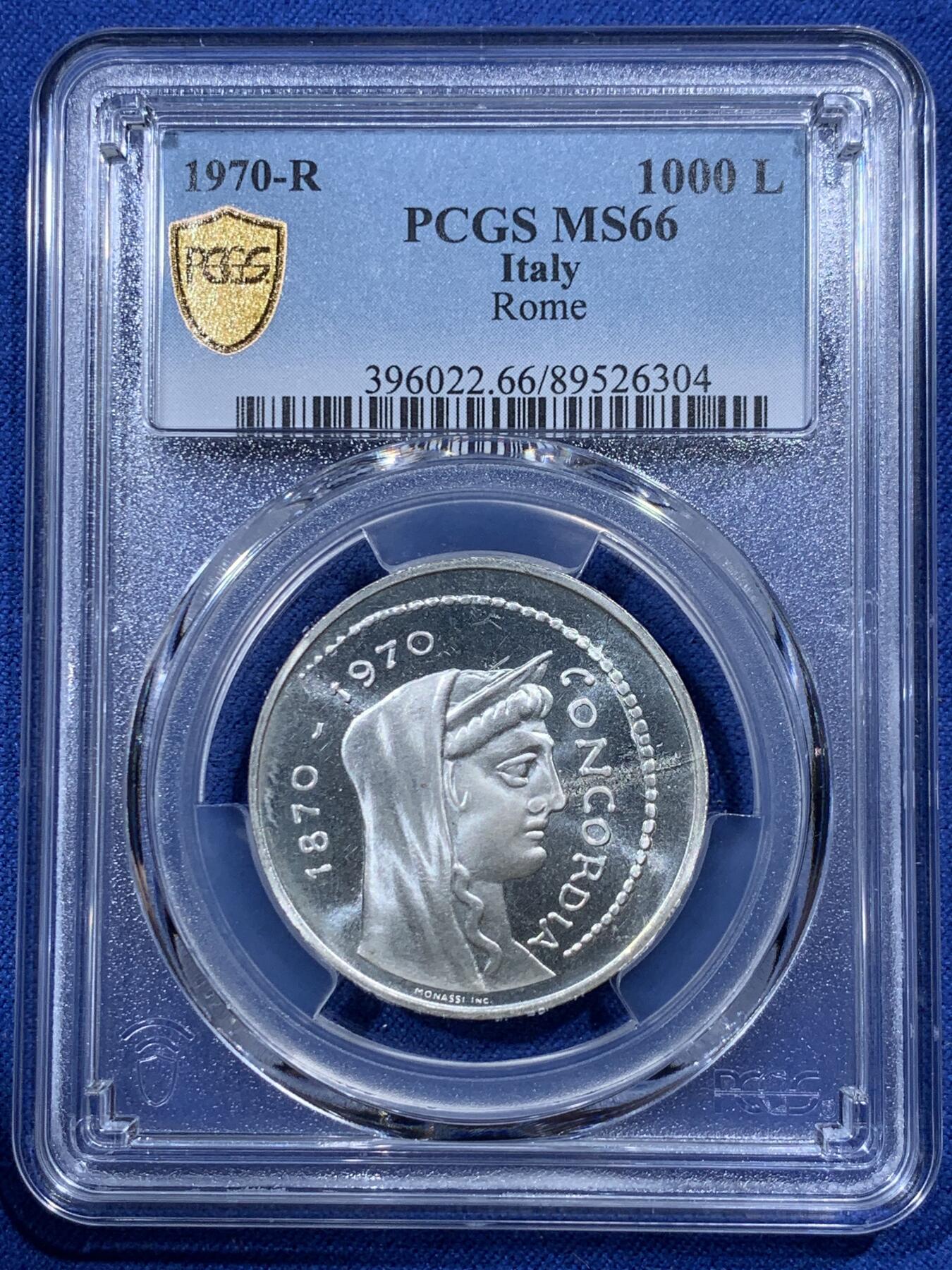 《竞宝斋》第400场 周日，周一，周二，3场连拍 （全场包邮） PCGS MS66 意大利1970年罗马建都百年1000里拉纪念银币