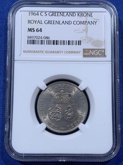 《竞宝斋》第400场 周日，周一，周二，3场连拍 （全场包邮） - NGC MS64 格陵兰1964年1克朗铜镍币 车轮光状态漂亮
