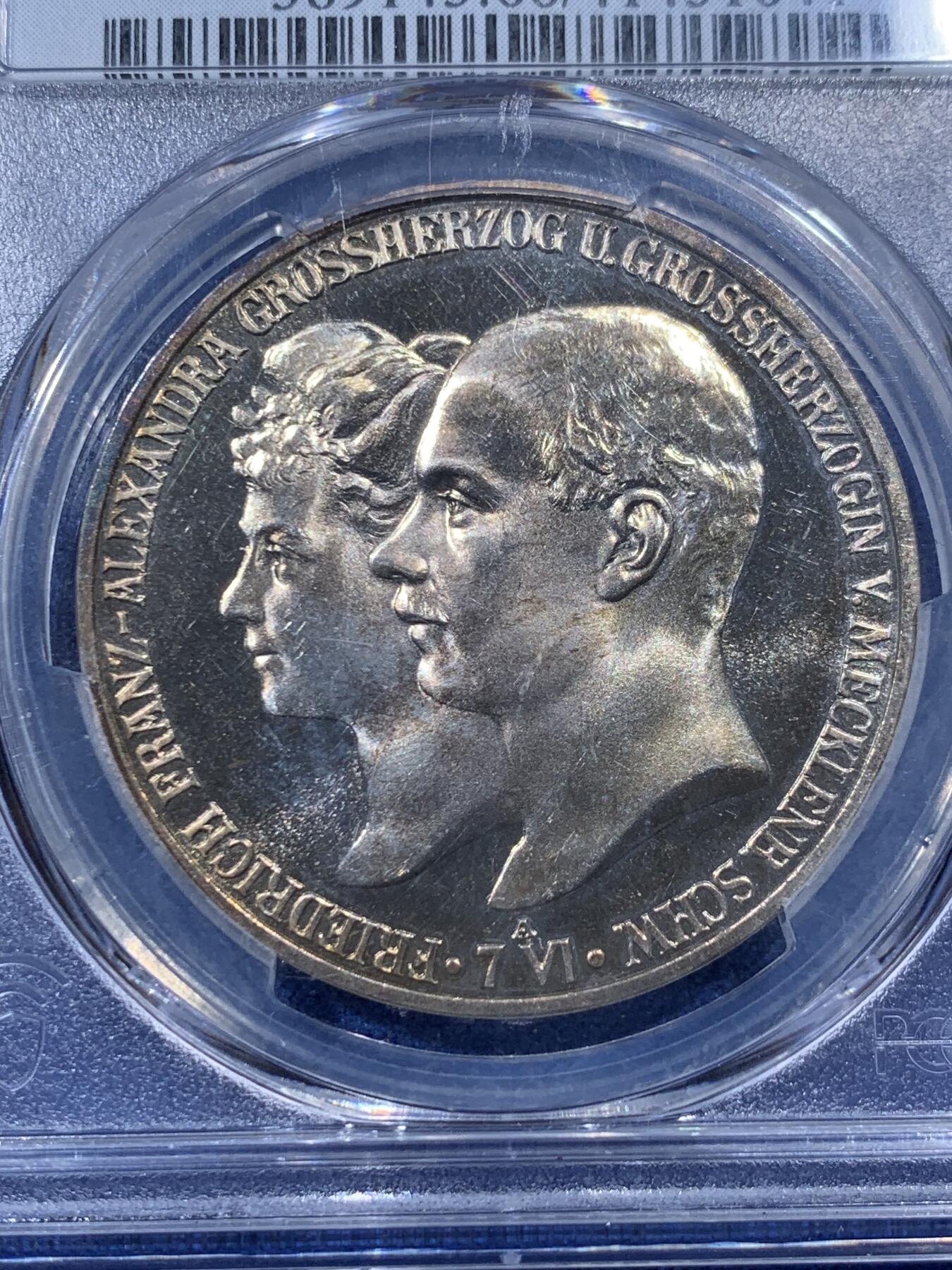 《竞宝斋》第400场 周日，周一，周二，3场连拍 （全场包邮） PCGS PR66CAM 1904年德国弗里德里希·弗朗兹四世婚庆5马克精制银币，铸币量2500枚，季军分。