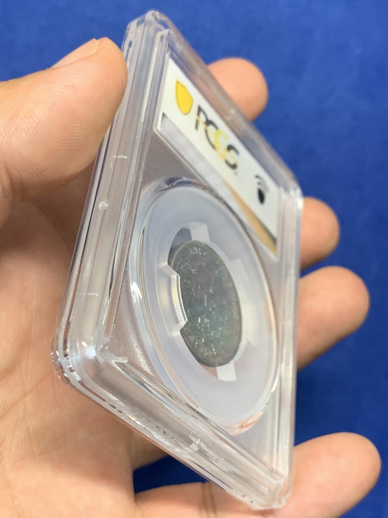 《竞宝斋》第400场 周日，周一，周二，3场连拍 （全场包邮） PCGS MS62 德国1915年1马克，一面深蓝色包浆，一面深灰色包浆，绝美包浆 支撑脚小磕