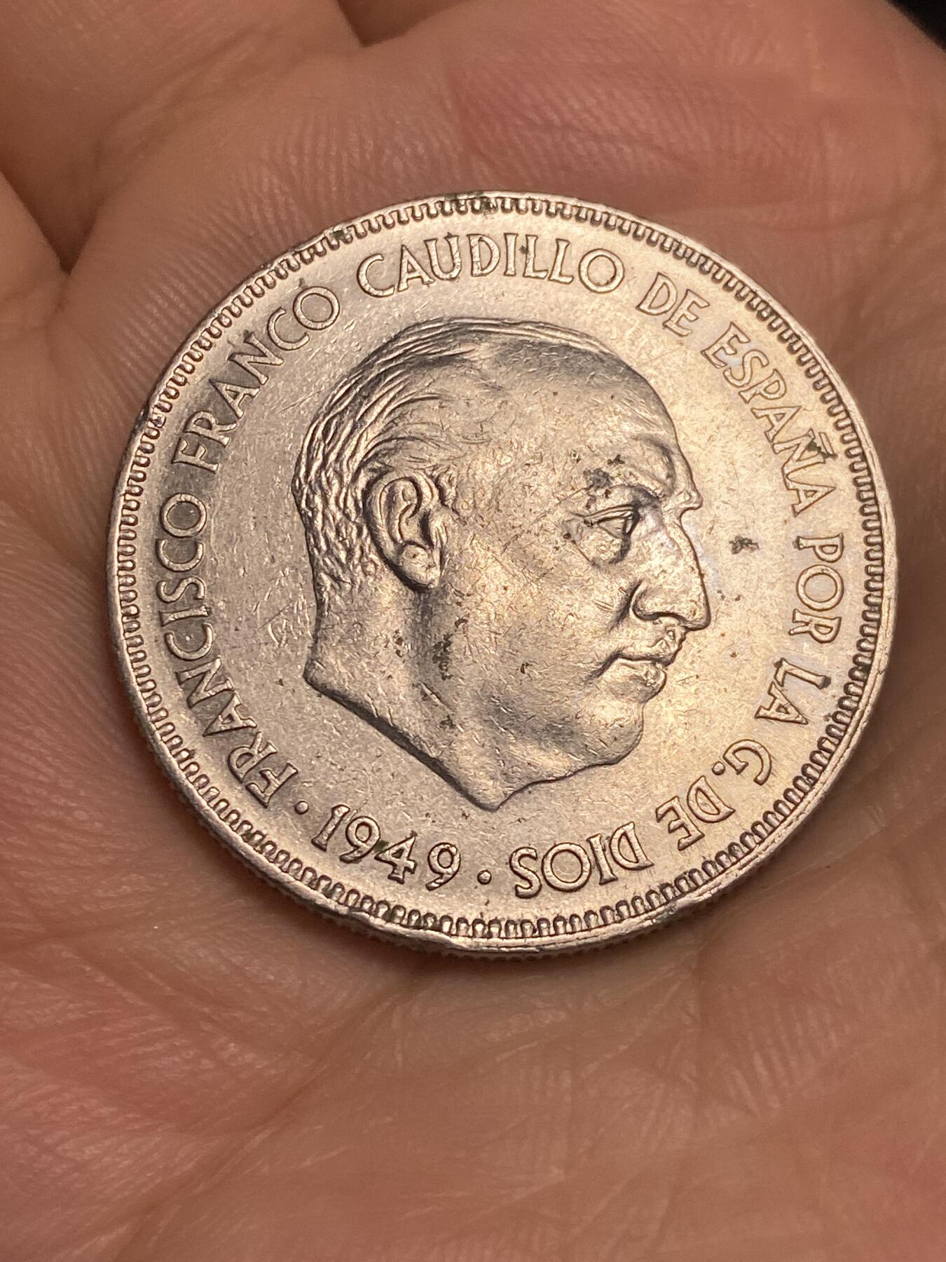 2025年第六十五场(总第九十一场）外国好品散币(免佣金) 稀少–西班牙🇪🇸1949(49)年5比塞塔(弗朗哥执政早期，大尺寸纯镍材质版，首发年)