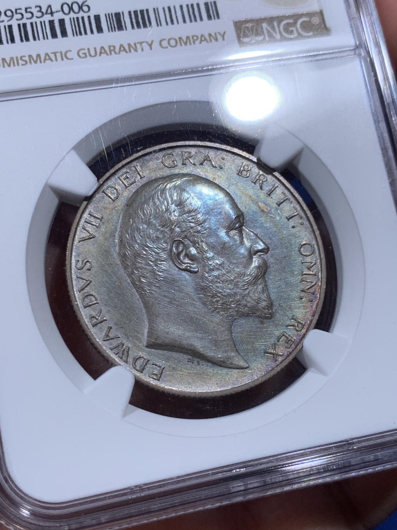 《竞宝斋》第400场 周日，周一，周二，3场连拍 （全场包邮） NGC PF62MATTE 五彩英国1902年爱七半克朗精制银币