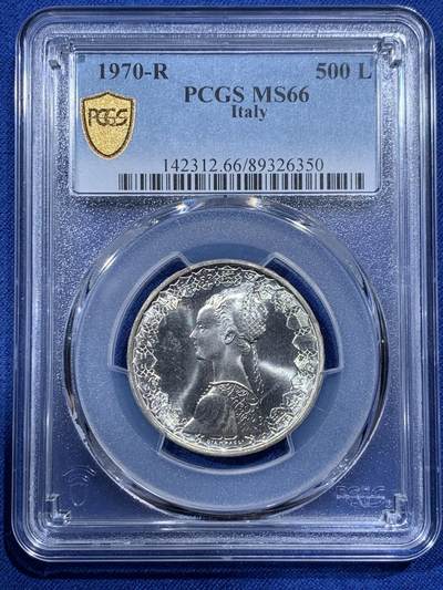 《竞宝斋》第400场 周日，周一，周二，3场连拍 （全场包邮） - PCGS MS66 意大利1970-R美女帆船500里拉 底板镜面感很强的一枚