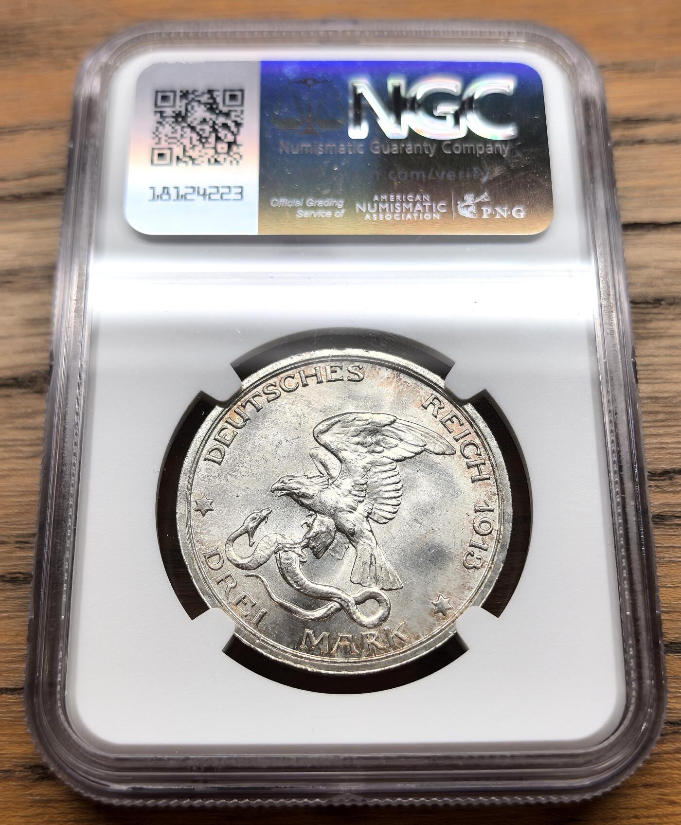 凡希社世界钱币微拍第三百零七期 1913A德国普鲁士纪念3马克银币NGC-MS64