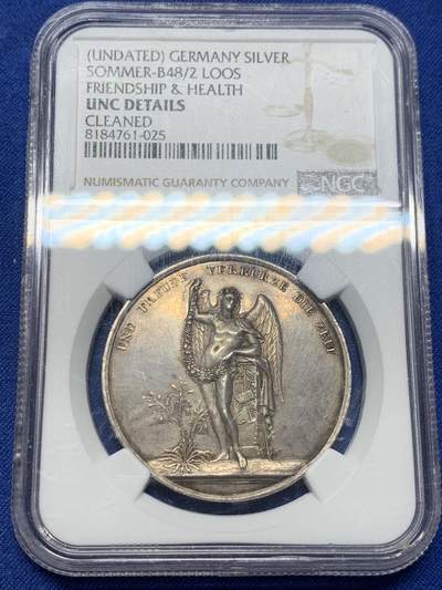 《竞宝斋》第401场 周日，周一，周二，3场连拍 （全场包邮） - NGC UNC 1800年前后德国新世纪美好祝愿银章 名家Loos作品 纪念友情和健康银章