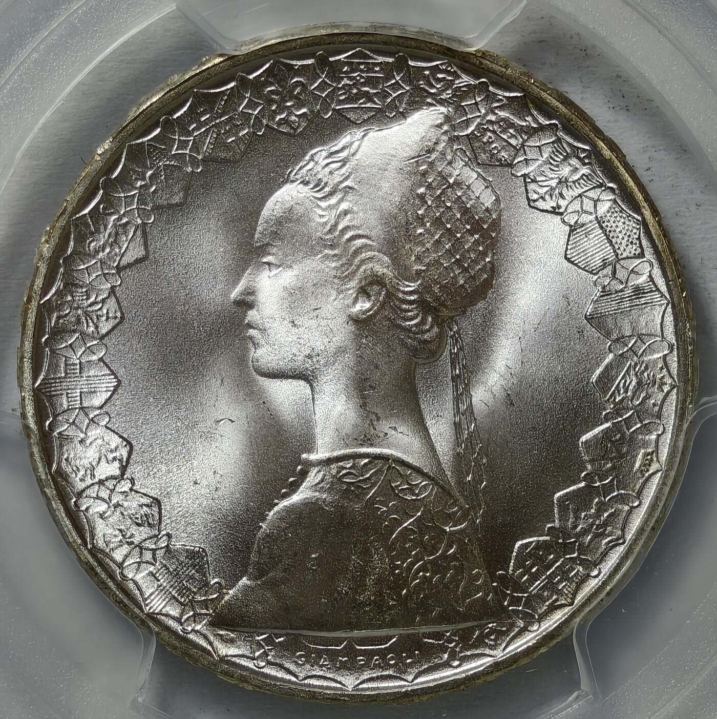 紫瑗钱币——第575期 意大利 1966年 R版 少女与帆船 500里拉 银币 PCGS MS67 高分