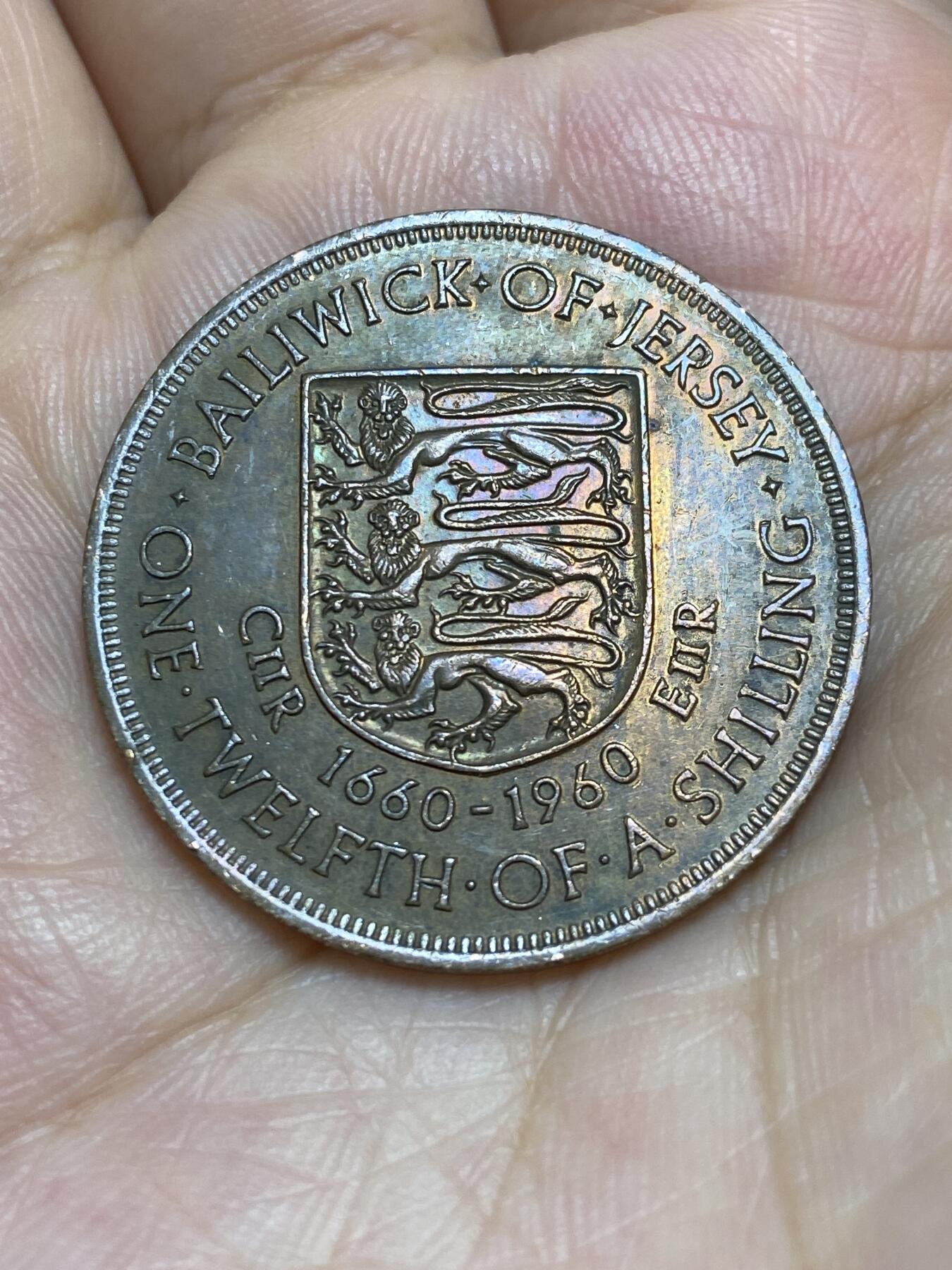 2025年第六十六场(总第九十二场）外国好品散币(免佣金) 五彩–英属泽西岛🇯🇪1960单年份1/12先令(伊丽莎白二世青年带冠，查理二世国王登基300周年纪念币)