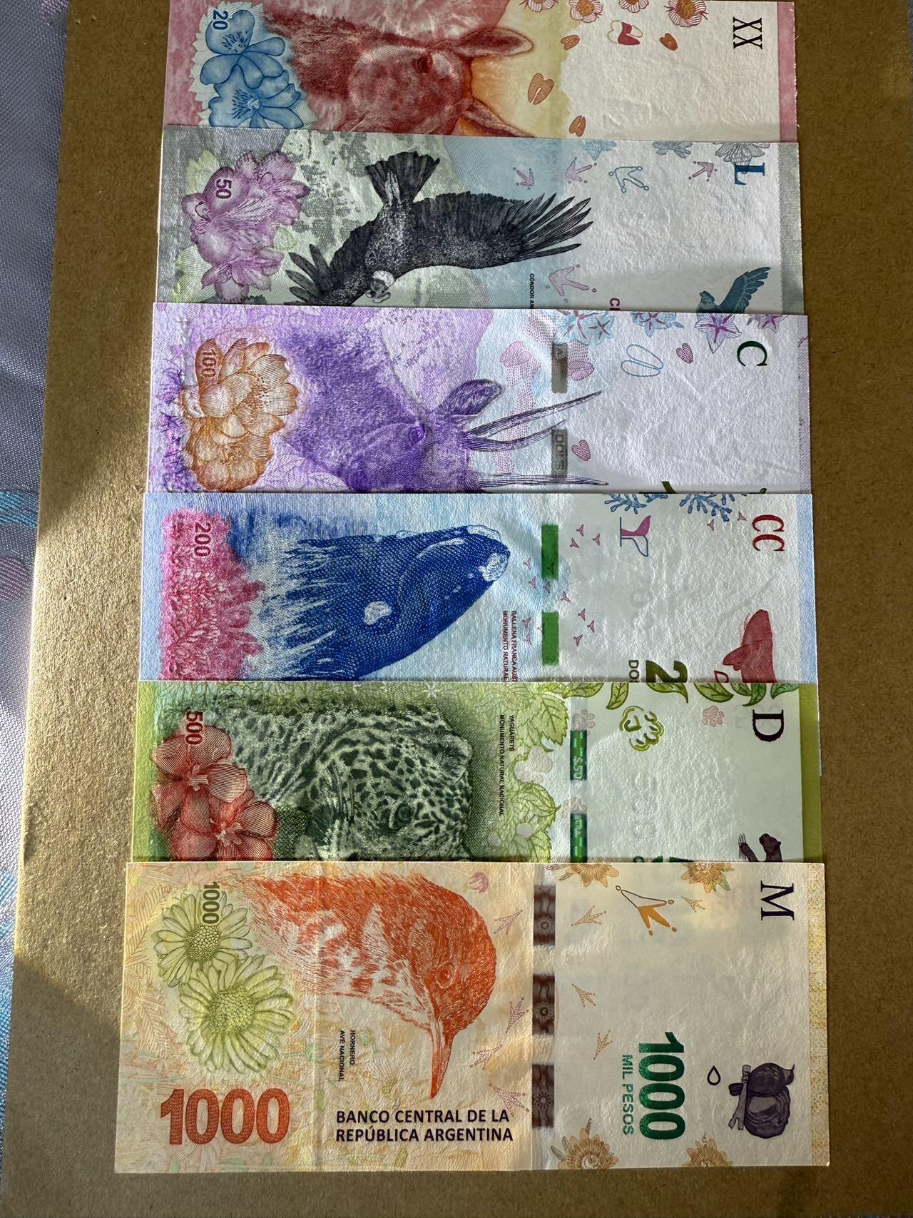 【炜奕收藏】，第三十九期 阿根廷20-1000比索，1000比索有一处角折，其他均全新品相，多张无47号码