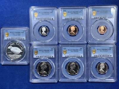 《竞宝斋》第401场 周日，周一，周二，3场连拍 （全场包邮） - 七枚一组 PCGS PR68/69DCAM 新西兰1982年精制币 从1分到1元 细节见图