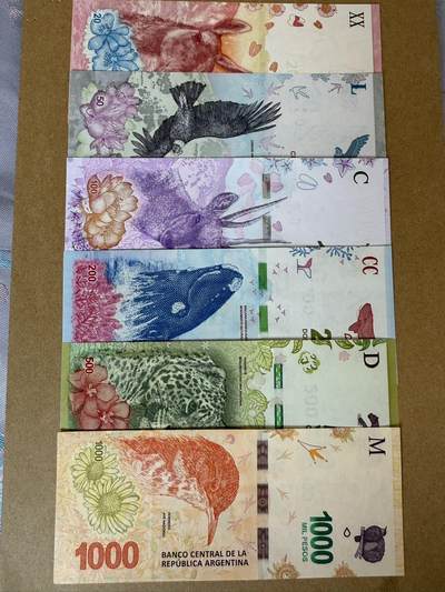 【炜奕收藏】，第三十九期 - 阿根廷20-1000比索，1000比索有一处角折，其他均全新品相，多张无47号码