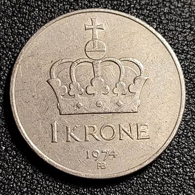 泉币菌-第52场-各国散币场 - 挪威1974年 1克朗 皇冠 硬币25mm 奥拉夫五世