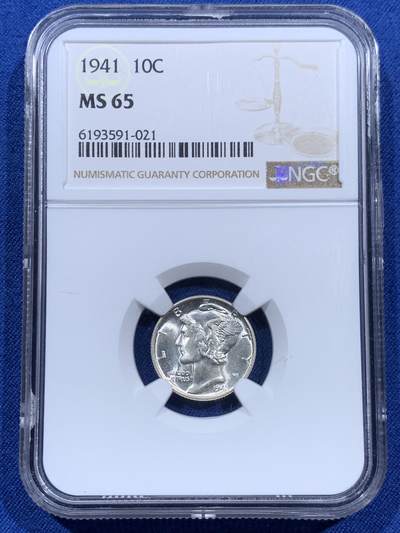 《竞宝斋》第401场 周日，周一，周二，3场连拍 （全场包邮） - NGC MS65 美国1941年墨丘利10C银币
