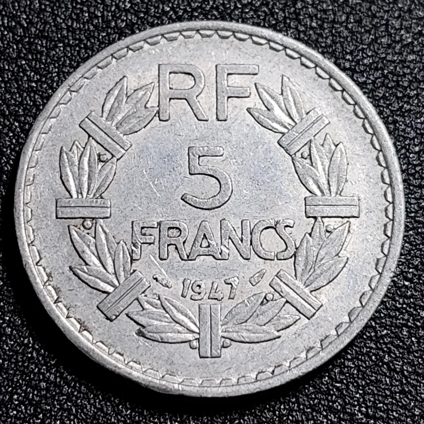 泉币菌-第52场-各国散币场 少见 法国早期大铝币 法国5法郎铝币1947年 31mm 自由女神